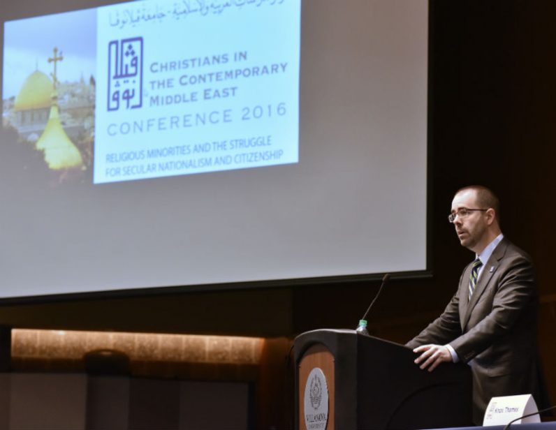 Knox Thames, special adviser for religious minorities at the U.S. Department of State in Washington, D.C., gives the keynote address Dec. 5 at Villanova University's conference on Christians and religious minorities in the Middle East. (Photo by Villanova University)