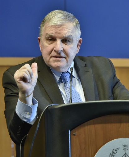 Retired four-star Marine general and diplomat Anthony Zinni, a former member of St. Matthew Parish in Conshohocken, makes a point during the Dec. 5-6 conference at Villanova University on Christianity on the Middle East. (Photo by Villanova University)