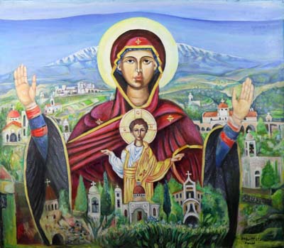 A painting by Farid Georges, a Syriac Christian from Homs, Syria, now living in England, shows his country at peace before it descends into war. (CNS photo/Simon Caldwell) 