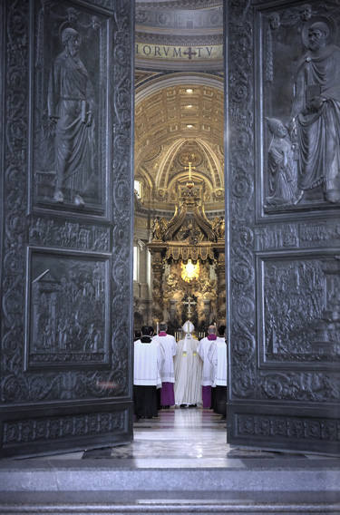 Pope Francis processes into St. Peter's Basilica to celebrate first vespers of Divine Mercy Sunday at the Vatican April 11. (CNS photo/Stefano Spaziani, pool) 