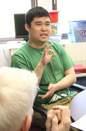Jordan Sanjaya talks about his recent graduation from Philadelphia Community college, and his plans for the future at Temple University, May 7 in the archdiocesan Office for Persons with Disabilities and the Deaf Apostolate. (Sarah Webb)
