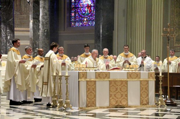 Archbishop Chaput celebrates the Liturgy of the Eucharist with the newly ordained priests concelebrating, May 16 at the Cathedral Basilica of SS. Peter and Paul. (Sarah Webb) 