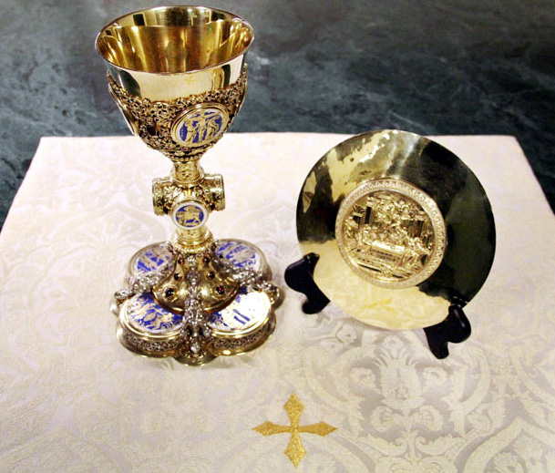 The chalice and paten of Philadelphia's fourth bishop, St. John Neumann, which will be used in the papal Mass Sept. 27 on the Benjamin Franklin Parkway in Philadelphia. (Sarah Webb)