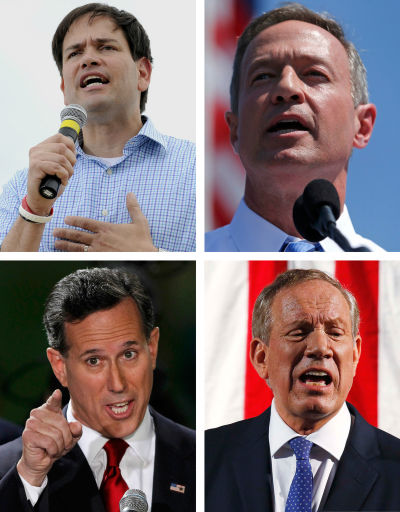 Catholics who have declared their candidacy for the U.S. presidency include, clockwise, Florida Republican Sen. Marco Rubio, former Maryland Democratic Gov. Martin O'Malley, former Pennsylvania Republican Sen. Rick Santorum, and former New York Republican Gov. George Pataki. (CNS photo/Reuters and EPA)