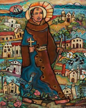 This acrylic on wood painting of Blessed  Junipero Serra and his nine missions was executed by Catholic folk artist Jen Norton earlier this year. (CNS photo/courtesy of Jen Norton) 