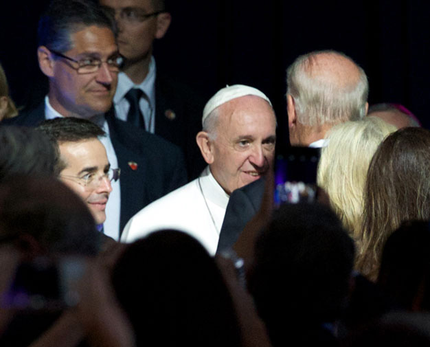 Pope Francis is greeted by Vice President Joe Biden. Photo by Bradley Digital.