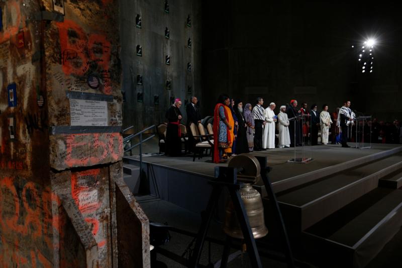 Pope Francis joins representatives of religious communities for meditations on peace in Foundation Hall at the ground zero 9/11 Memorial and Museum in New York Sept. 25. (CNS photo/Paul Haring) See POPE-GROUND-ZERO Sept. 25, 2015.