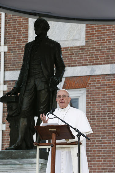 Pope Francis speaks from Independence Hall in Philadelphia Sept. 26. (CNS photo/Paul Haring)