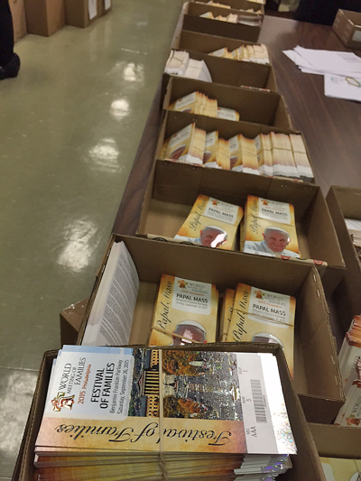 Boxes of tickets were ready to be distributed to parishes of the Archdiocese of Philadelphia, whose representatives picked them up beginning Monday, Sept. 14 at the Archdiocesan Pastoral Center.