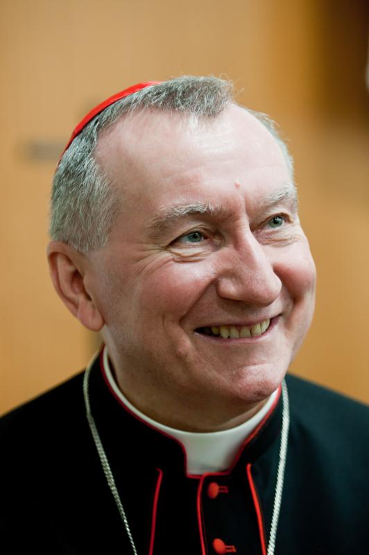 Cardinal Pietro Parolin, Vatican secretary of state, smiles as he attends a conference commemorating the 50th anniversary of the Second Vatican Council's document, "Nostra Aetate." (CNS photo/M. Migliorato, Catholic Press Photo) See PAROLIN-EDUCATION-PEACE and PAROLIN-POPE-EXHORTATION Oct. 29, 2015.