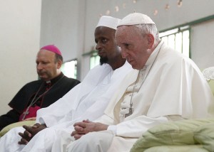 Pope Francis sits next to Imam Tidiani Moussa Naibi during a meeting with the Muslim community at the Koudoukou mosque in Bangui, Central African Republic, Nov. 30. (CNS photo/Paul Haring) See POPE-BANGUI-PEACE Nov. 30, 2015.