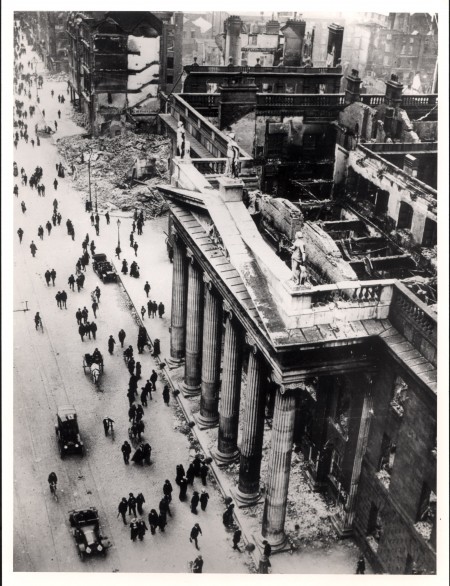 The damaged Dublin General Post Office is seen in a photograph taken after the Easter Uprising of 1916. The six-day insurrection by Irish rebels against British rule divided Ireland for a century. (CNS/Bridgeman Images)