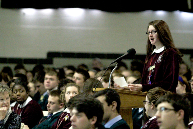 A student at Msgr. Bonner and Archbishop Prendergast High School assembly asks a question during Kevin Kennedy's Q&A session.