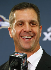Baltimore Ravens head coach John Harbaugh speaks during a 2013 news conference prior to Super Bowl XLVII in New Orleans. (CNS photo/Jeff Haynes , Reuters) 