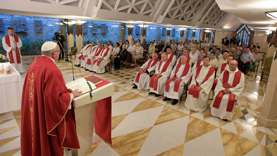 Pope Francis celebrates a memorial Mass for Father Jacques Hamel in the chapel of the Domus Sanctae Marthae at the Vatican Sept. 14. (CNS photo/L'Osservatore Romano)