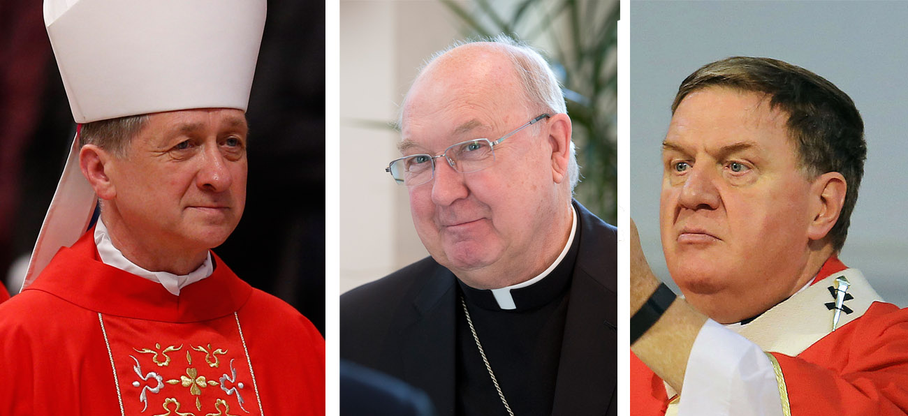 Pope Francis named17 new cardinals, including three from the United States: (Left to right) Archbishop Blase J. Cupich of Chicago; Bishop Kevin J. Farrell, prefect of the new Vatican office for laity, family and life; and Archbishop Joseph W. Tobin of Indianapolis.