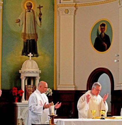Father Tomaz Mavric, center, was the main celebrant of a Mass Jan. 6 to begin the meetings of the Vincentian executive committee at St. Vincent's Seminary. He is the superior general of the congregation of the Mission, or Vincentians. (Sarah Webb)