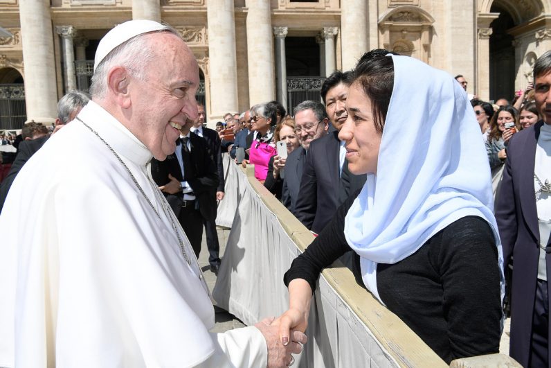 Pope Francis meets Nadia Murad Basee Taha, who escaped from Islamic State slavery in Iraq, during his general audience in St. Peter's Square at the Vatican May 3. She is now a human rights activist and is a U.N.goodwill ambassador for its office that fights human trafficking. (CNS photo/L'Osservatore Romano, handout) 