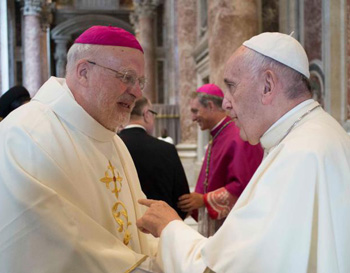 Pope Francis greets Swedish Bishop Anders Arborelius of Stockholm in 2016 at the Vatican. Cardinal-designate Arborelius is one of five new cardinals the pope will create at a June 28 consistory. (CNS photo/L'Osservatore Romano via Reuters) 