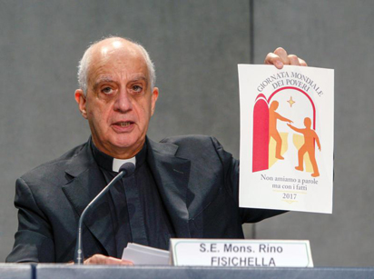 Archbishop Rino Fisichella, president of Pontifical Council for Promoting New Evangelization, speaks at the Vatican June 13 about the theme of the first World Day of the Poor, to be celebrated Nov. 19.  (CNS photo/Robert Duncan) 