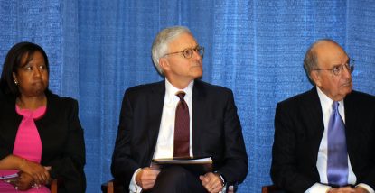 The Independent Oversight Committee includes, from left, former interim District Attorney of Philadelphia Kelley Hodge, retired federal Judge Lawrence Stengel and former U.S. Senator George Mitchell, chair. (Matthew Gambino)