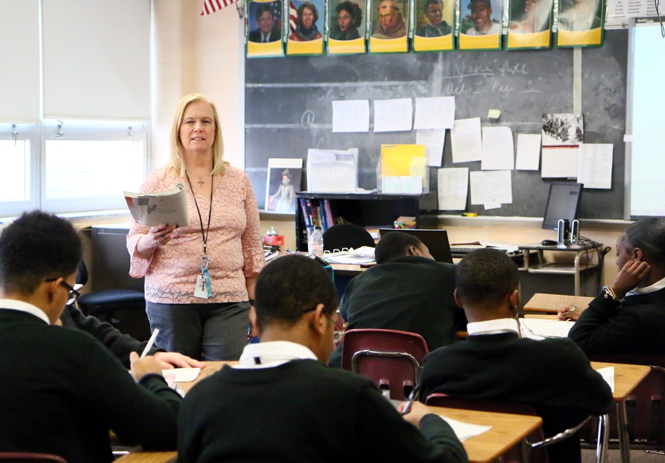 An instructor at Bishop McDevitt High School leads a Spanish class Jan. 31. The Archdiocese of Philadelphia has closed its Catholic schools through March 27 in response to the COVID-19, or coronavirus, pandemic.